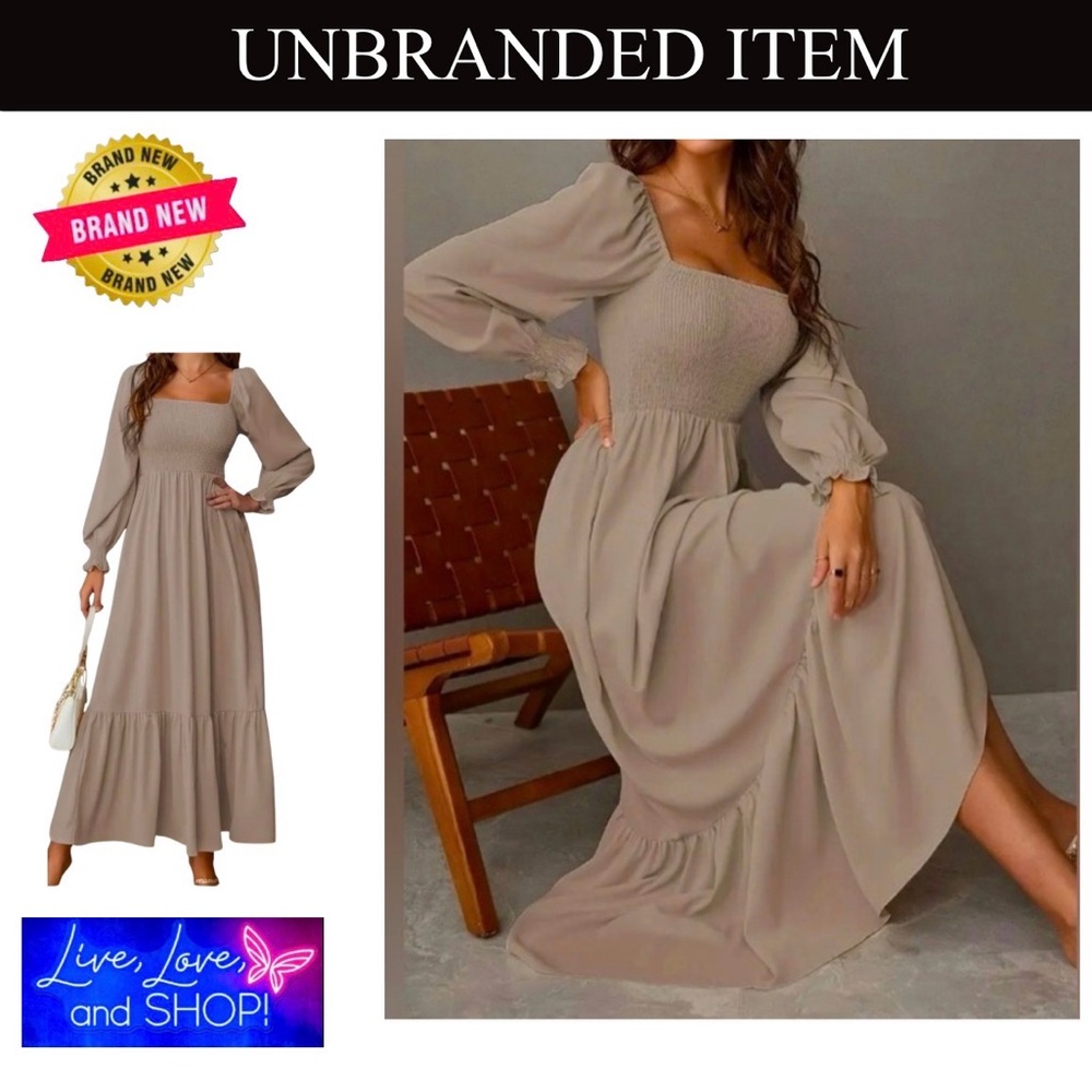 Stylish Square Neck Pleated Lantern Sleeve Dress, EUC